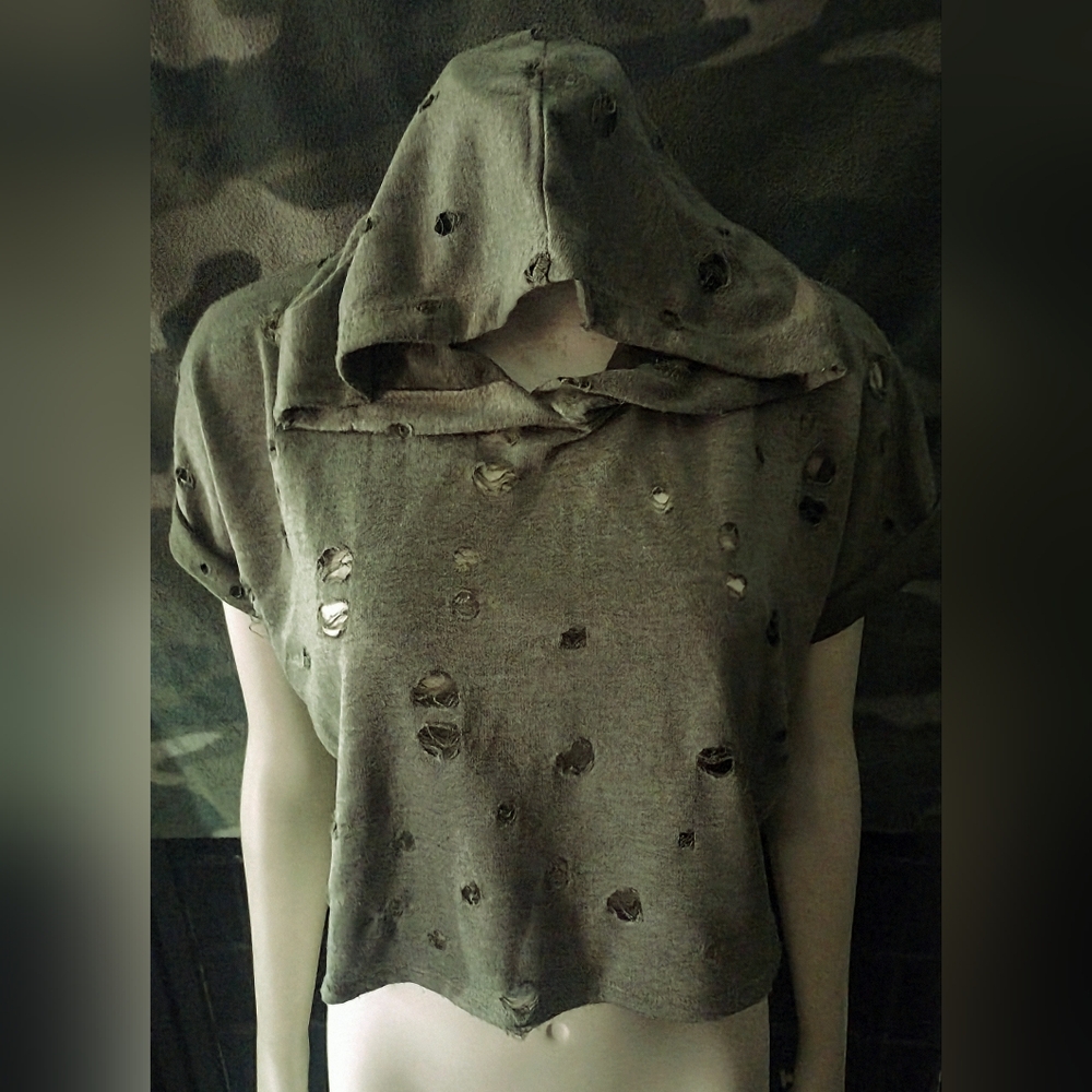 "Beware" Cropped Distressed Hooded Sweatshirt